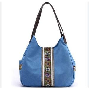 WorldlyDA Blue Canvas Embroidered Multi Pocket Top Zip Shoulder Bag size Large